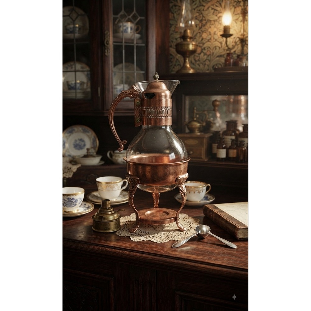Vintage Copper and Glass Coffee Carafe with Warming Stand Victorian Steampunk